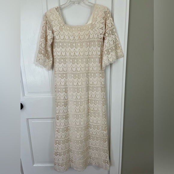 Bohemian Cream Lace Crochet Bell Sleeve Dress Womens S/M Cottagecore Romantic - Picture 5 of 12